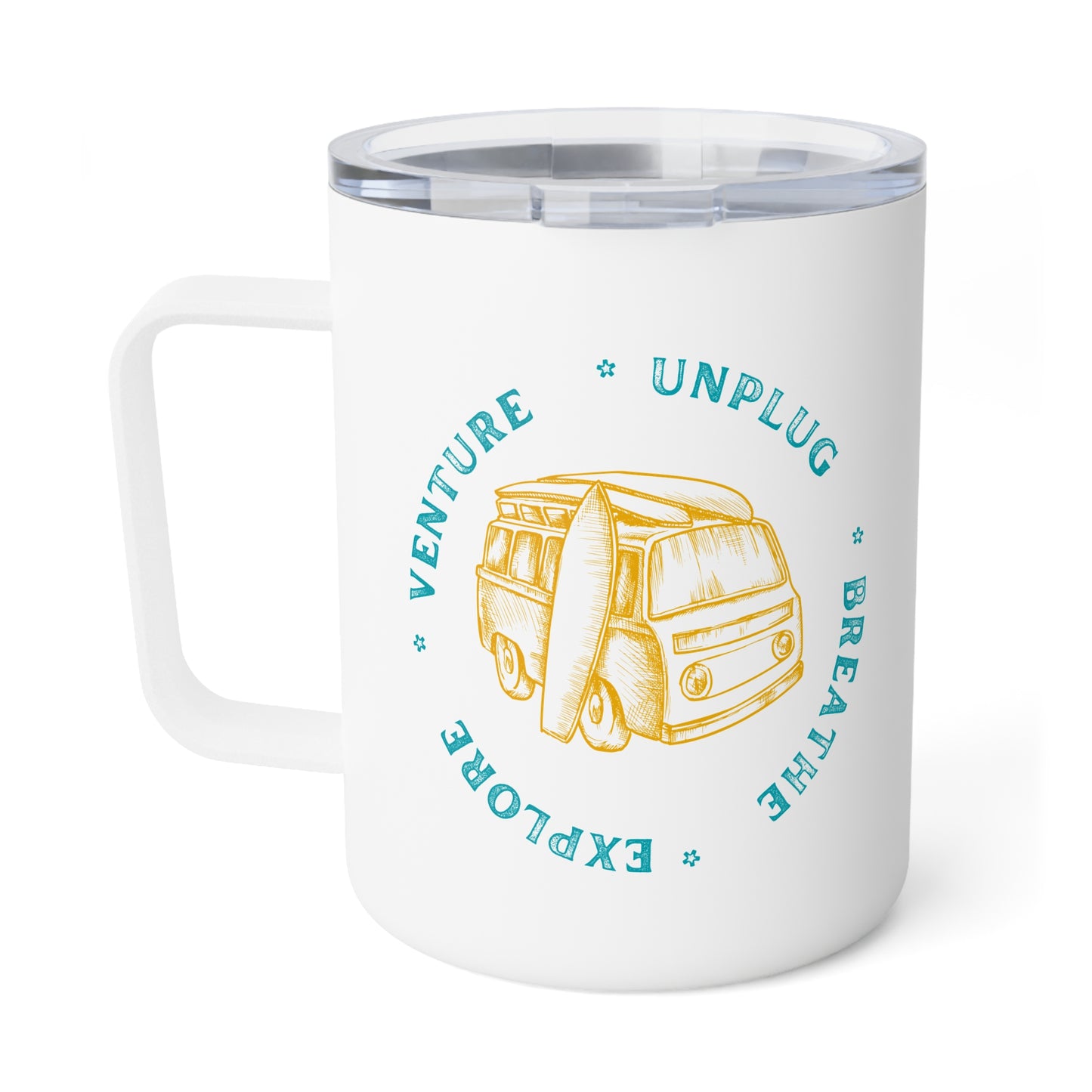 Vintage Van Insulated Mug, Beach Lover Travel Cup for Unplugging and Exploring, Retro Surf Board Coffee Tumbler, Summer Beachgoer Gift,