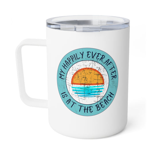 Beach Lover Insulated Mug, Outdoor Enthusiast 10oz Coffee Tumbler, Nature Lover Gift, 'My Happily Ever After Is at the Beach' Mug, Travel